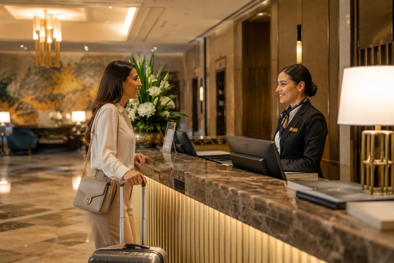 Woman Checking In At Luxury Hotel Reception