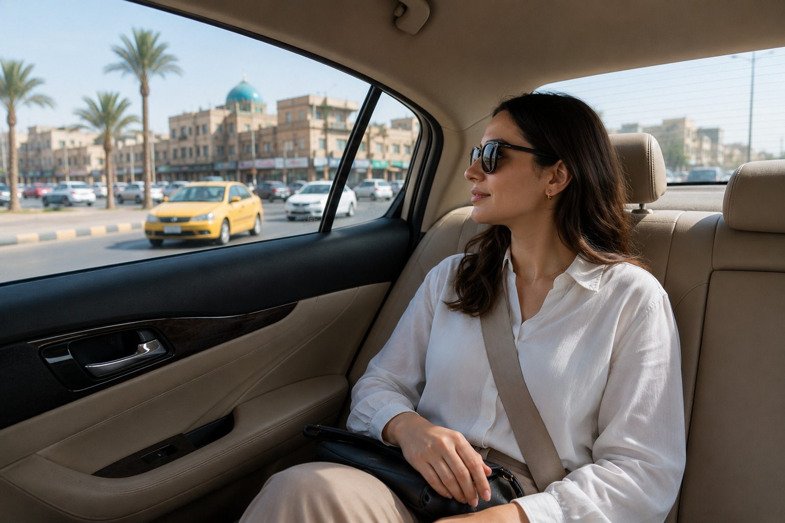 Woman Travelling In Private Taxi In Iraq