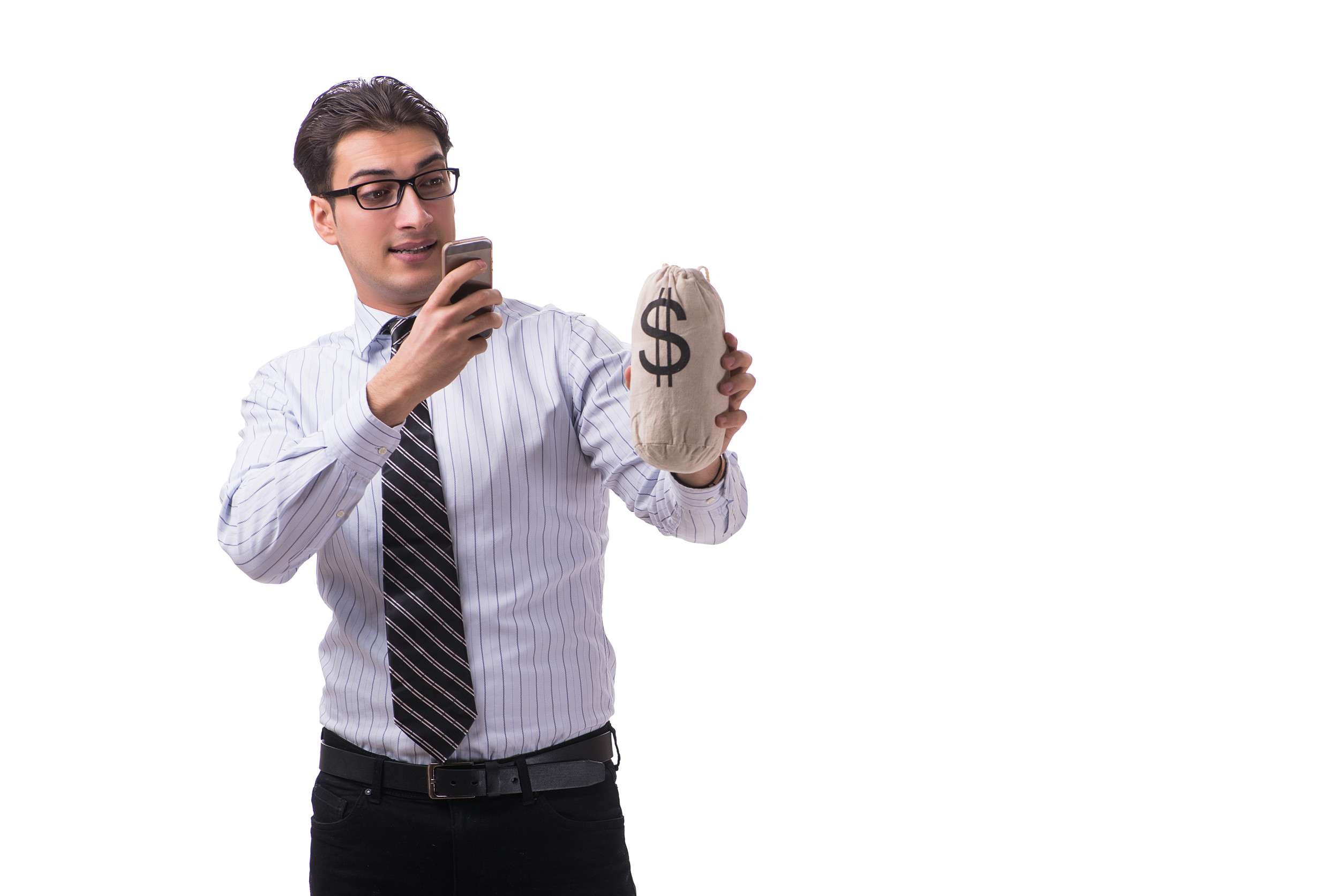 Young Businessman With Money Sack Isolated On White Background